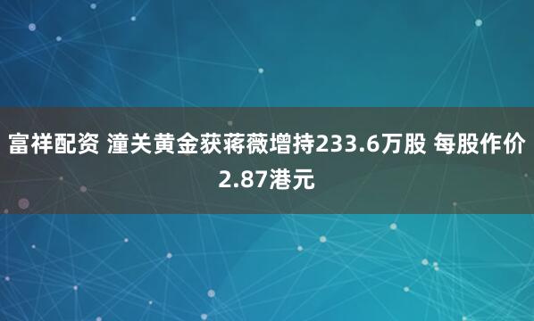 富祥配资 潼关黄金获蒋薇增持233.6万股 每股作价2.87港元